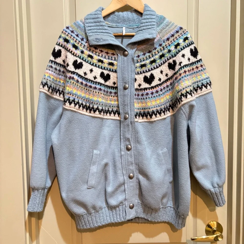 Free People Emily Fair Isle Blue Heart Knit Cardigan Sweater Sweatshirt Small